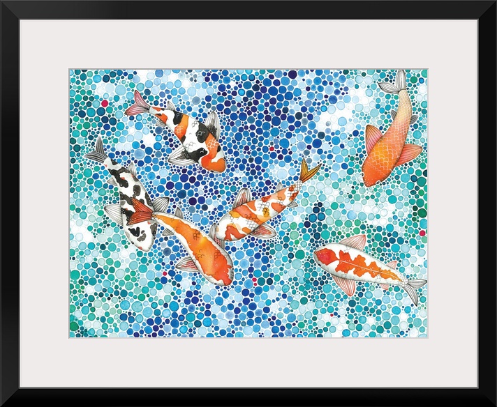 Contemporary painting of six koi fish seen from above in a stylized pond made up of tiny circles.