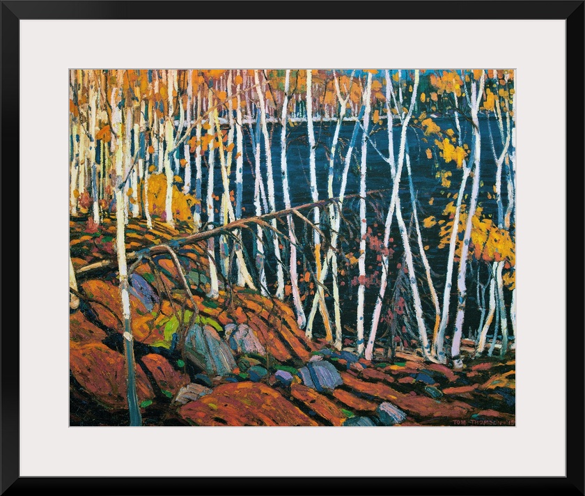 A painting made on canvas of thin trees with rocks on the ground surrounding a lake.
