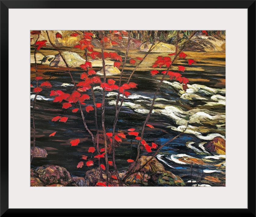 Painting of brightly colored fall leaves with a river running over rocks and a forest in the distance.