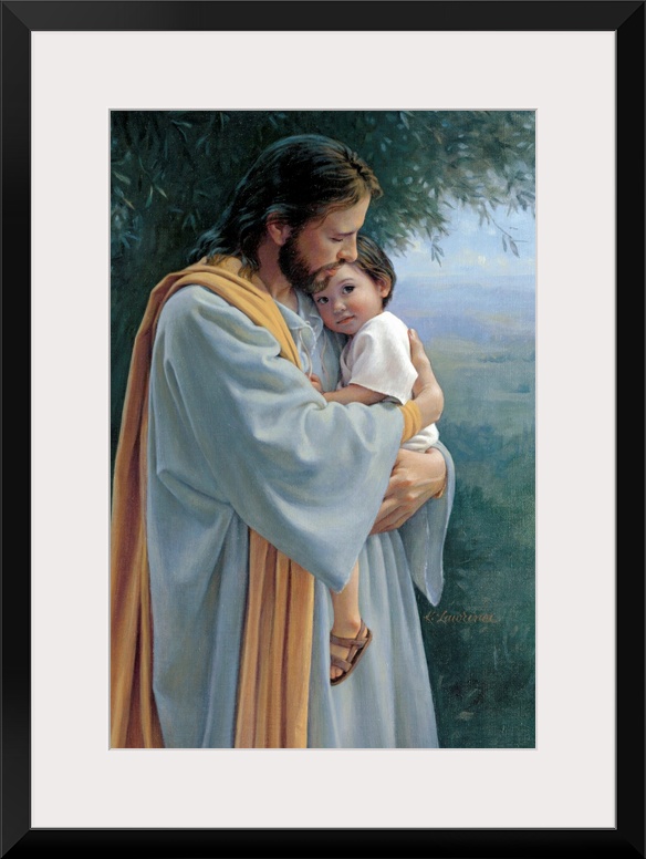 Painting of Jesus holding a small child in his arms.