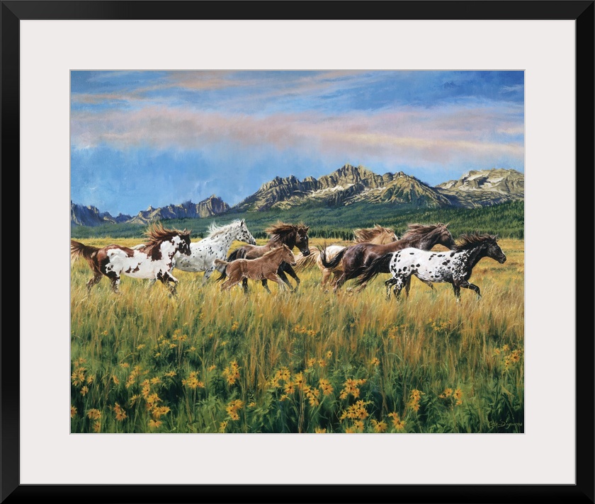 Painting of wild horses running through a meadow of flowers and tall grass with mountains in the distance under a cloudy sky.