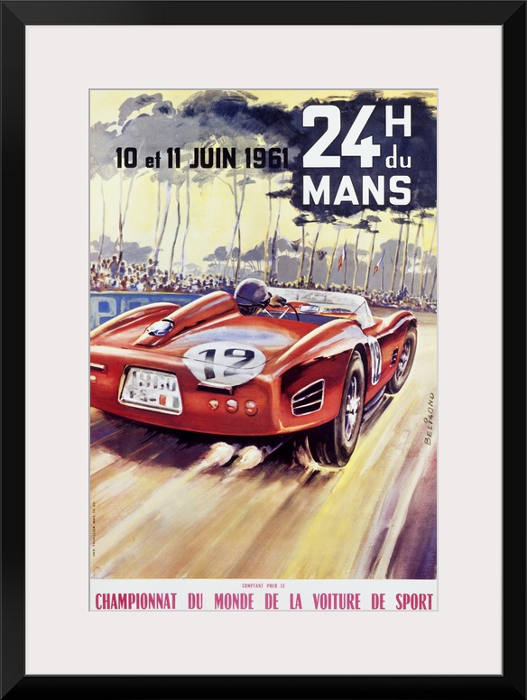 Giant antique advertising art for a car racing world championship showcases an automobile driving at high speed around a t...