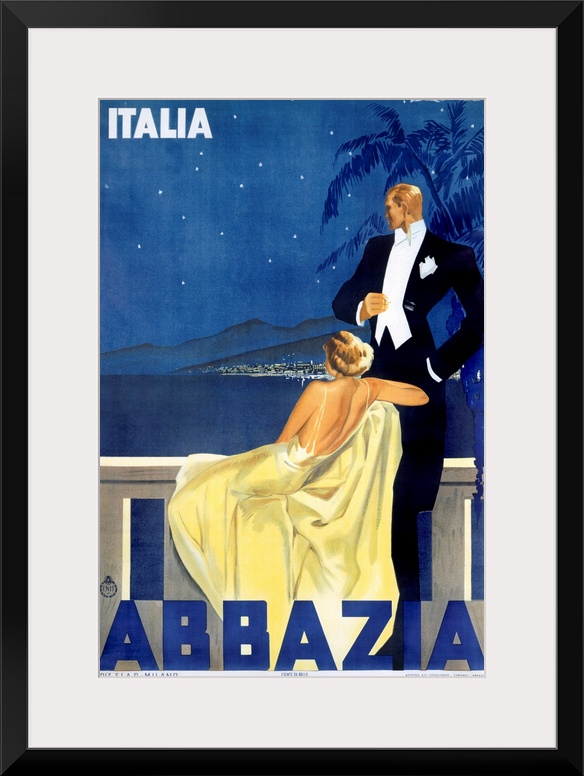 Antique advertising poster showcasing hotel in Venice.  A woman dressed in an evening gown and a man in a tuxedo are stand...