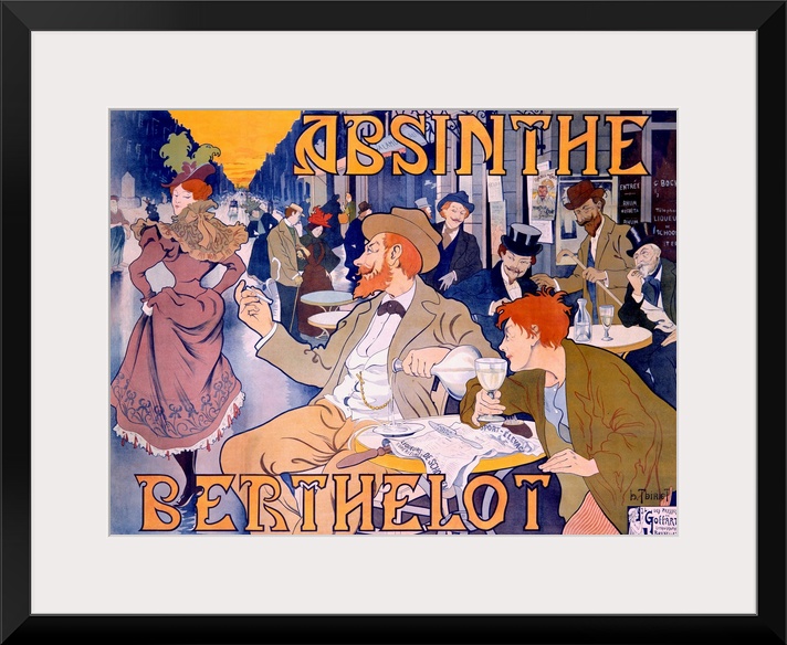 Big canvas print of a cartoon poster of men drinking in the outside area of a restaurant looking at a women in a fancy dre...