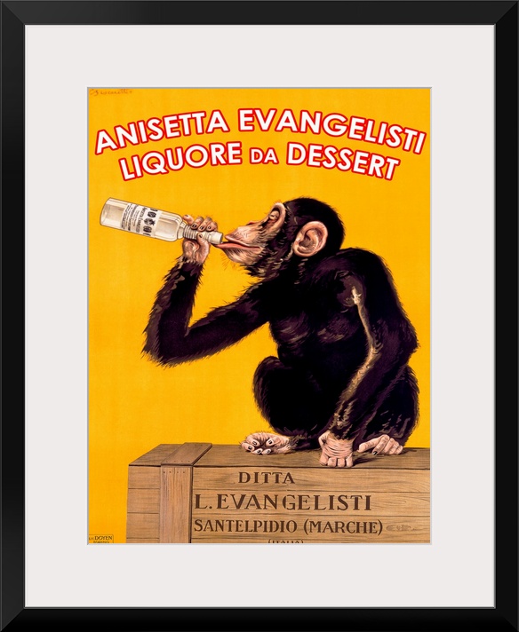 Antique poster print of a monkey sitting on top of a wooden crate drinking a bottle of liquor.