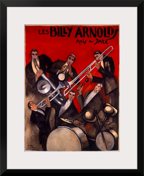 This Art Deco wall art is a theatrical poster advertising a jazz orchestral band of musicians in tuxedos.