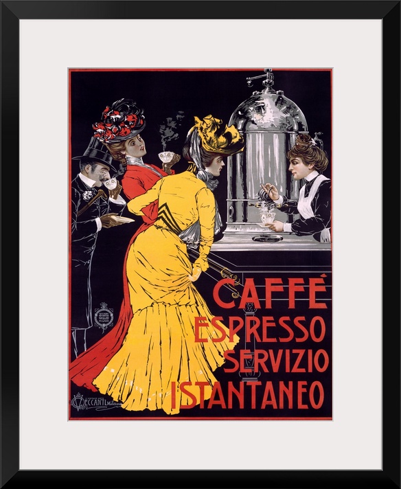 Classic advertisement for Caffe Espresso Servizio Instantaneo featuring two elegant ladies and a well-dressed man drinking...
