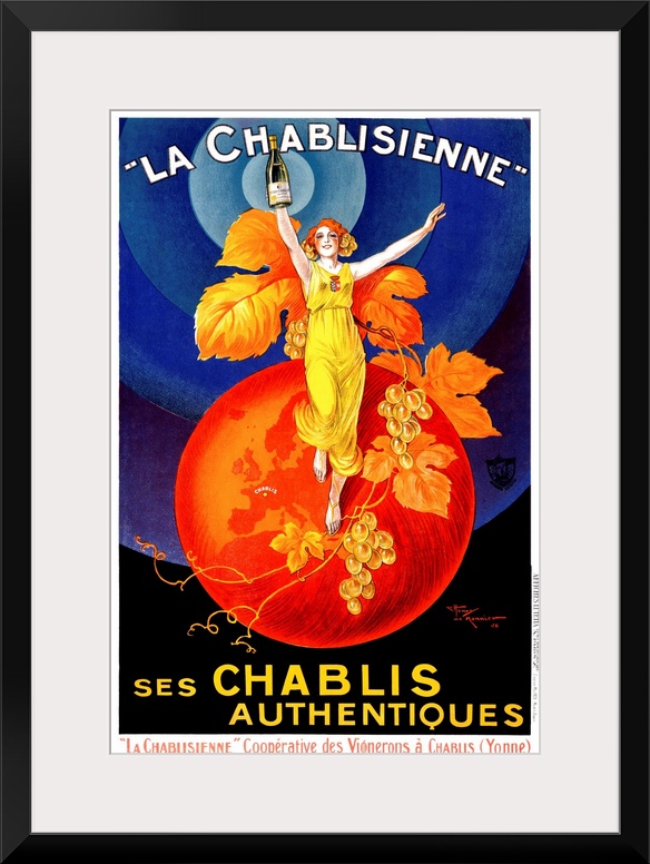 Colorful vintage advertising poster for white wine, featuring a glamorous red-headed woman standing on top of a red globe....