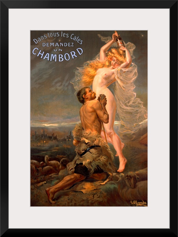 Giant vintage advertising art showcases a man begging a nude woman for some of the alcoholic beverage she holds in her han...
