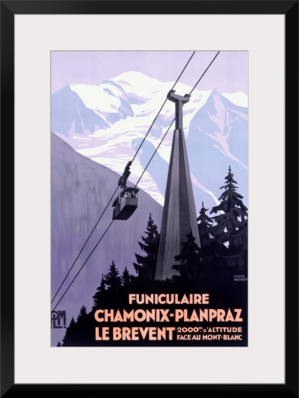 This vertical wall art an Art Deco travel poster of a cable car passing through the Alps with French text on it.