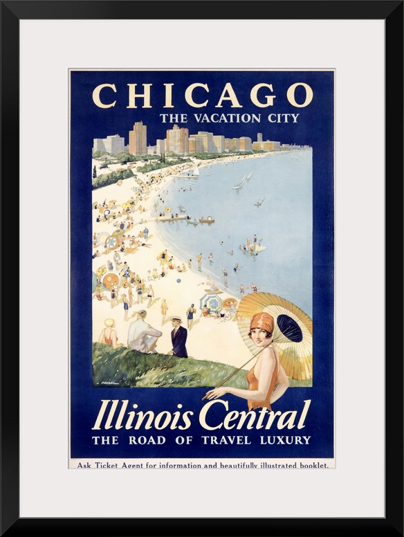 Huge advertising art focuses on a beach scene within the largest city of Illinois.  The populated beach is positioned in f...