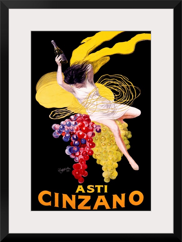 Vintage advertising poster for the Cinzano beverage, featuring a woman in a white dress atop large clusters of ripe red an...