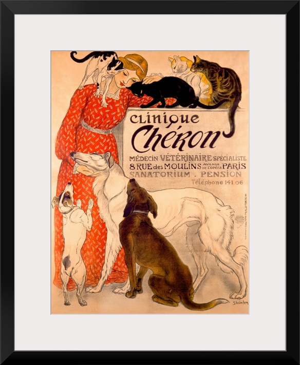 Vintage artwork that shows a woman in a red dress being loved on by both cats and dogs.