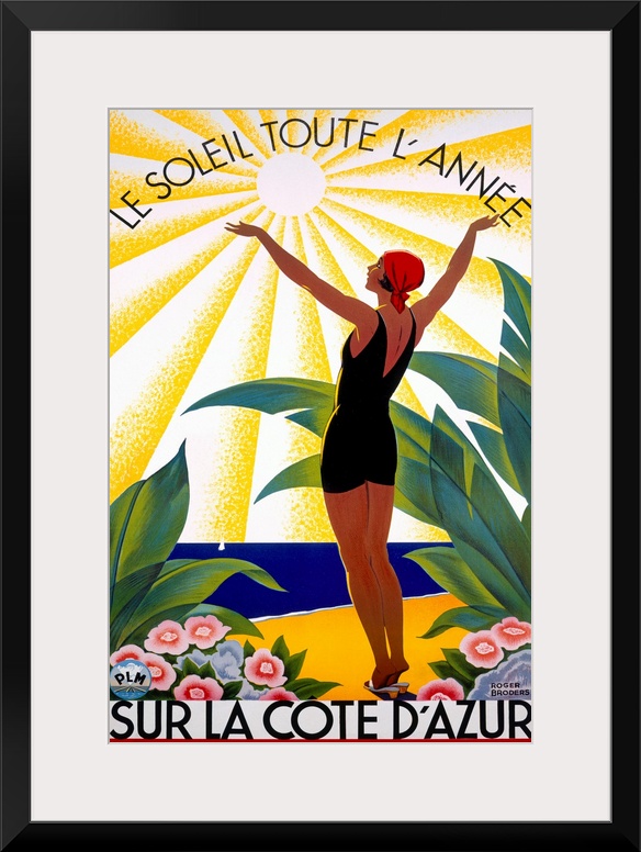 This Art Deco advertising poster shows a woman in an early 20th century swimsuit surrounded by tropical plants and raising...