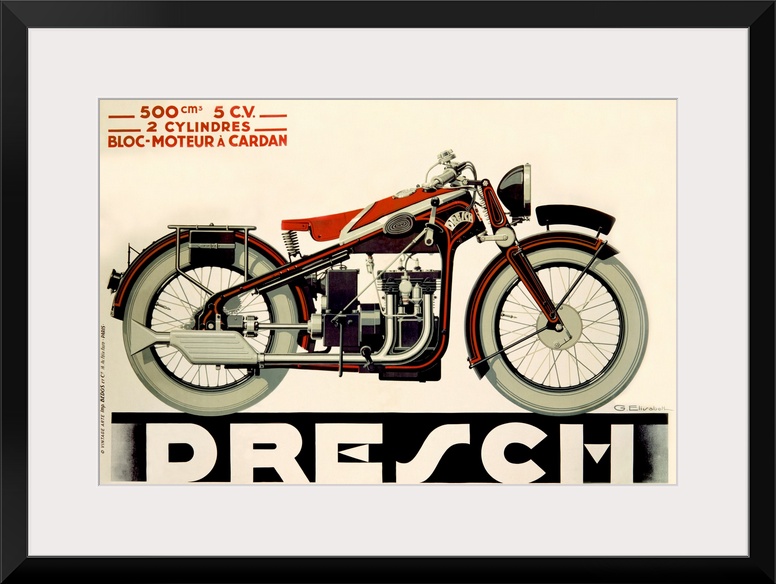 Large, horizontal vintage art advertisement of a Dresch, 500 CC Motorcycle in black and red, on a solid cream background.