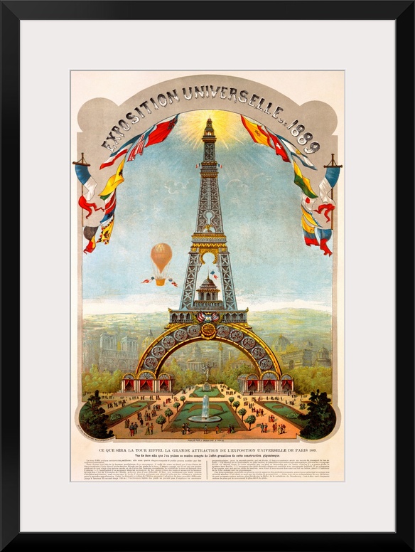 Vertical canvas print of an antique poster of the Eiffel Tower with a hot air balloon in the sky.