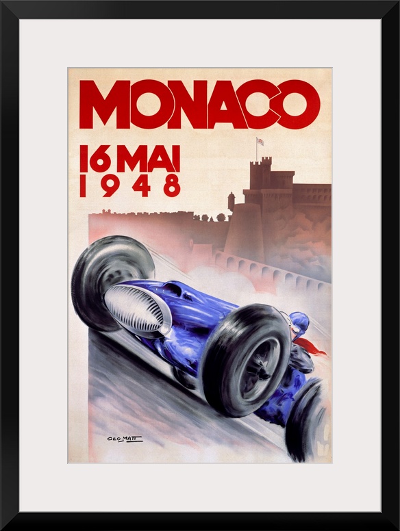 Old advertising poster for 16 Mai race with a vintage race car speeding along with the silhouette of a city in the distanc...