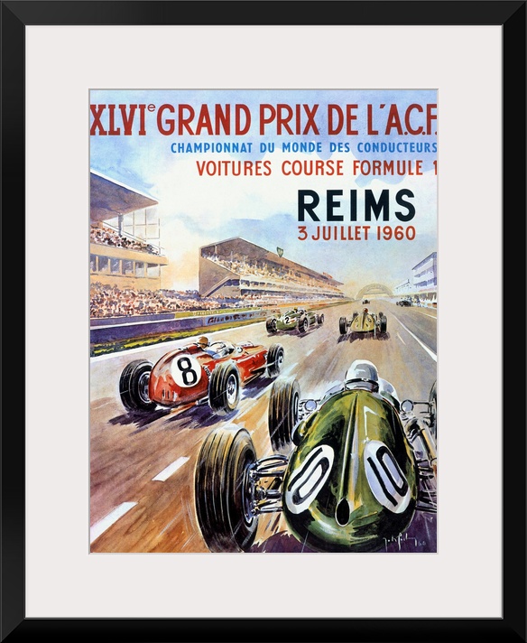 A vertical illustrated poster of race cars on a track in a stadium with a description of the race in French above the cars.