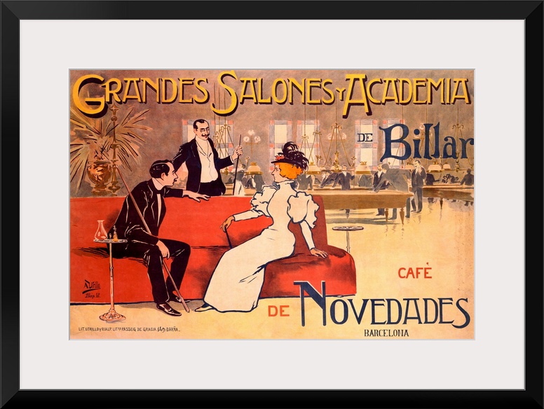 A horizontal, vintage advertising poster of a lounge and billiards club; in the foreground with two men in tuxedos are spe...