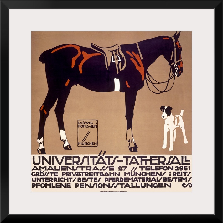 Vintage advertising poster illustrating a terrier and a horse with an English saddle and braided tail.