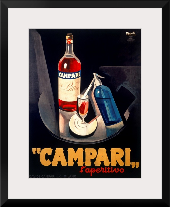 Vintage advertising poster for the Campari beverage, in bold masculine tones. Perfect for a dining room or bar area, the s...