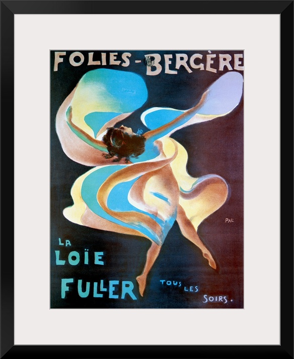 Vintage theater poster of a woman draped in flowing fabric dancing for a live entertainment act from France.