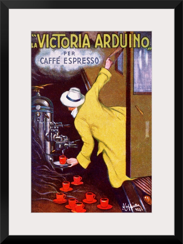 Huge vintage advertising art has a man leaning out of an open train door to get a cup of espresso.   The company name and ...