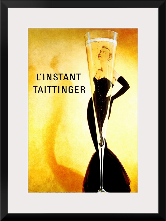 Big print of a slender champagne filled glass with a woman posing seen through it.