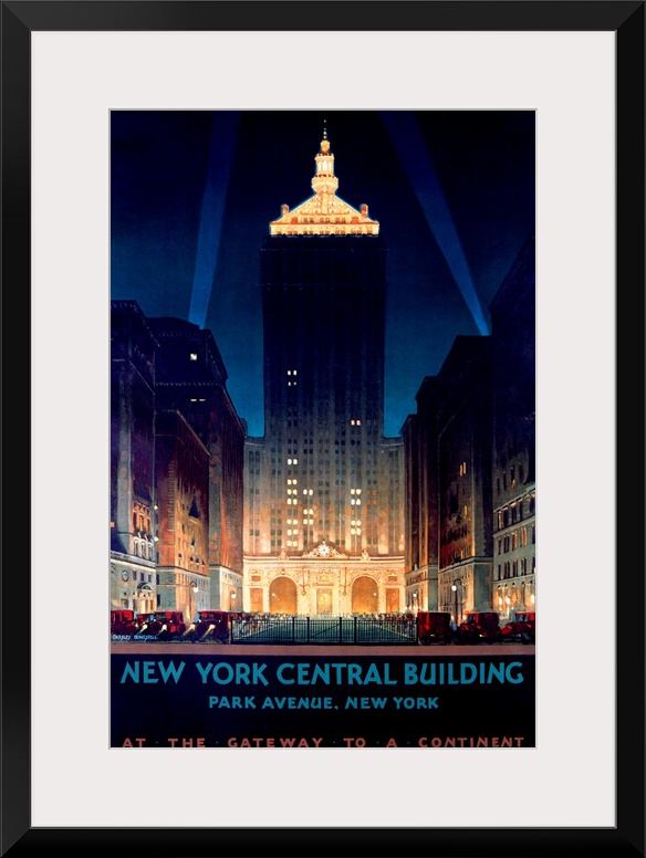 Large antique advertising art focuses on the Helmsley skyscraper located within Manhattan.  Towards the bottom of the piec...