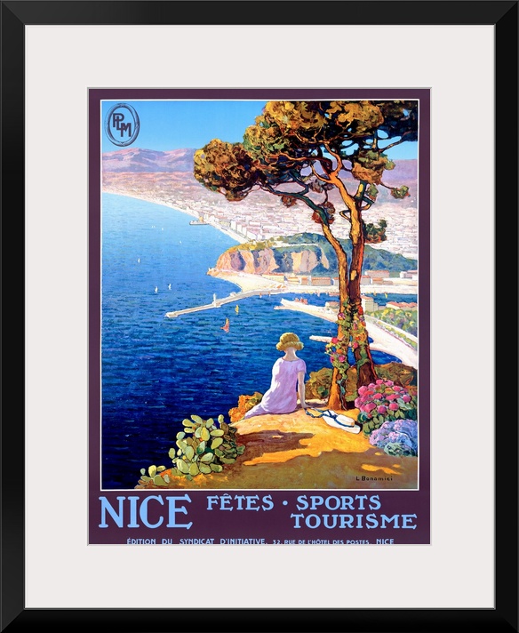 Vertical, large vintage advertisement for the Festival of Sports and Tourism in Nice.  Woman sitting next to a tree on a h...