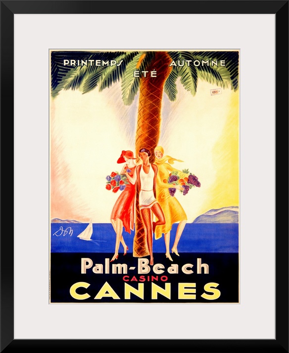 Old stylized travel poster for a casino in France with three women leaning against a palm tree and ocean water with a sail...