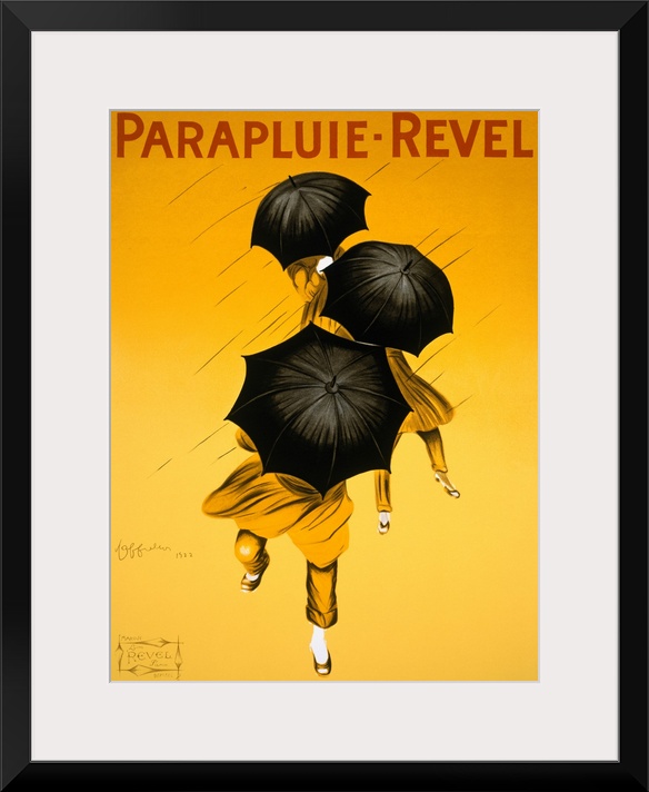 Big vintage art shows three women with umbrellas in the rain of a Parapluie Revel advertisement.