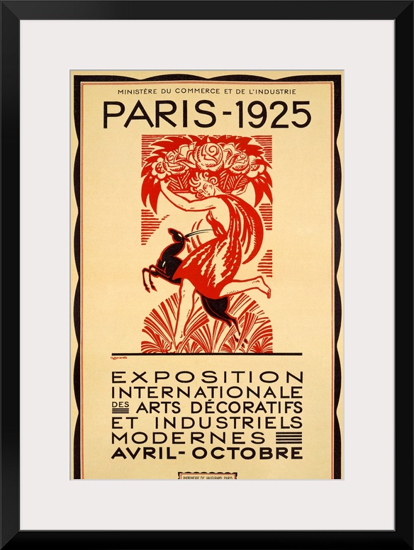 Antique art work of advertising piece showcasing an event in Paris, France.  The poster features a woman running with a ba...