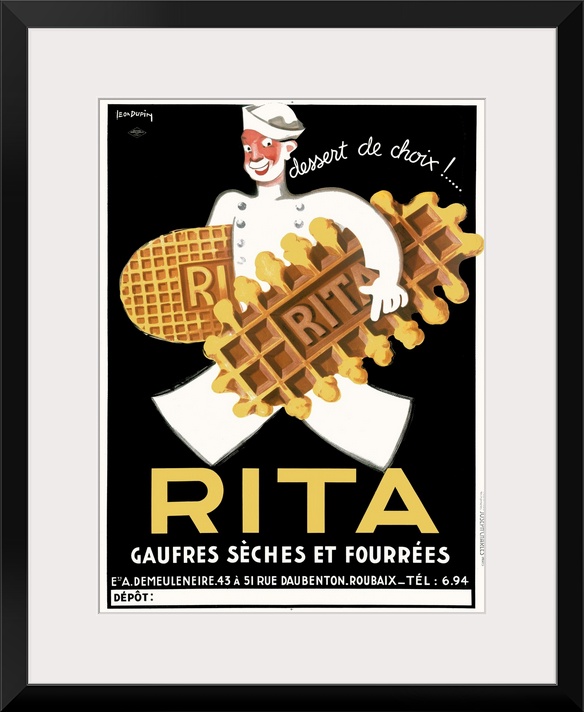 Antique advertising poster for French dessert.  There is an image of a smiling chef carrying two oversized cookies covered...