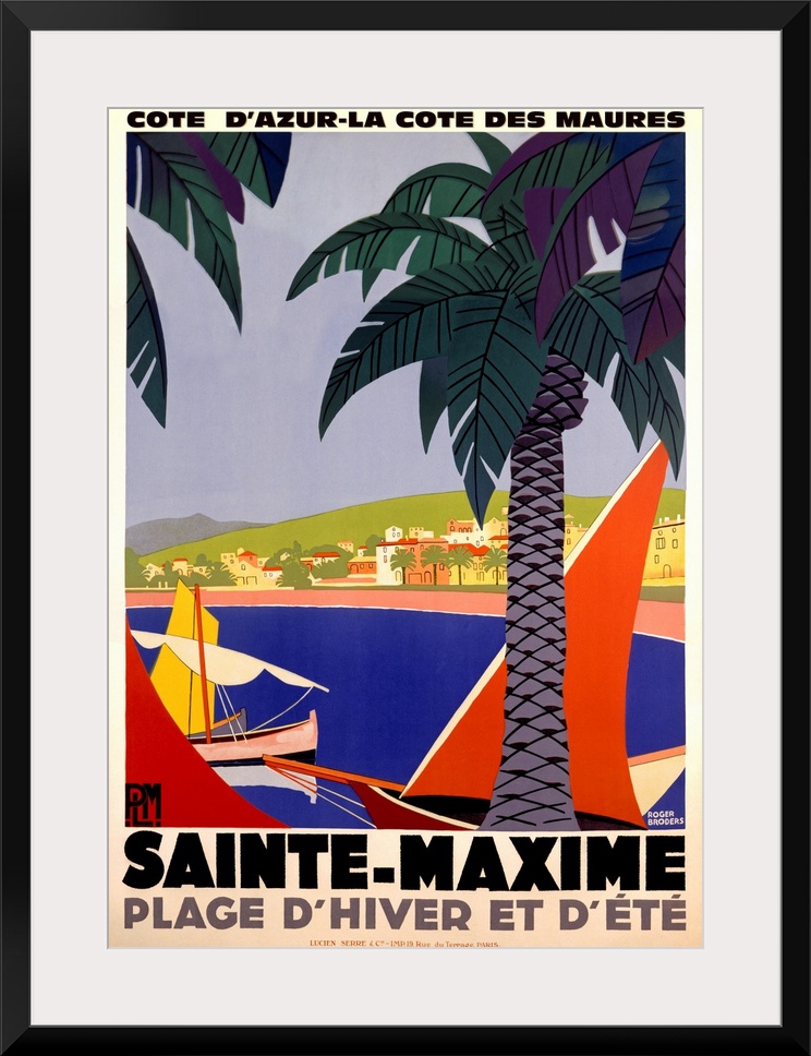 Vertical, large vintage advertisement for Sainte-Maxime, France.  Palm trees over a body of water with several boats in it...