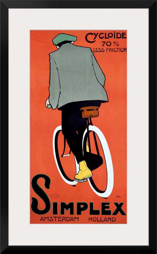 Panoramic antique advertising art incorporates a man riding a bike in front of a bare backdrop.  Text for the advertisemen...