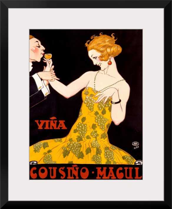 An Art Deco advertising poster showing a young flapper in a dress printed with grapes sipping champagne with a man in a tu...