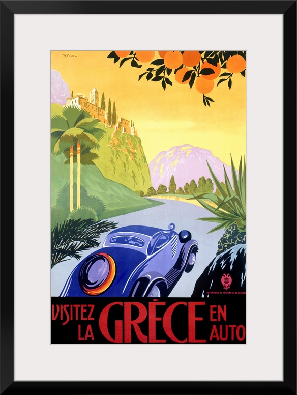 Big antique advertising art for traveling through a country in Europe by car.  The car in the foreground journeys down a w...