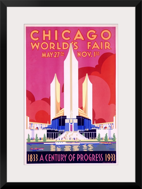 This early 20th century poster makes use of modern san serif typefaces, bold color palettes, and geometric shapes to entic...