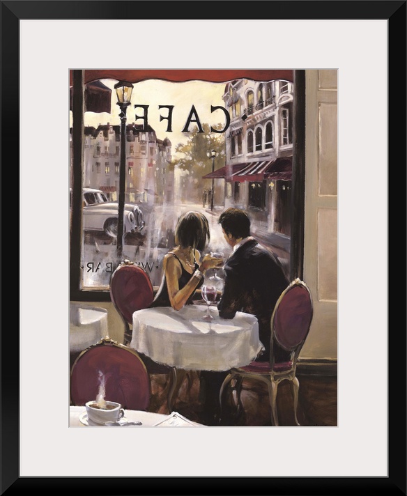 Contemporary painting of a couple sitting in a cafe and gazing out the window at the world moving by.