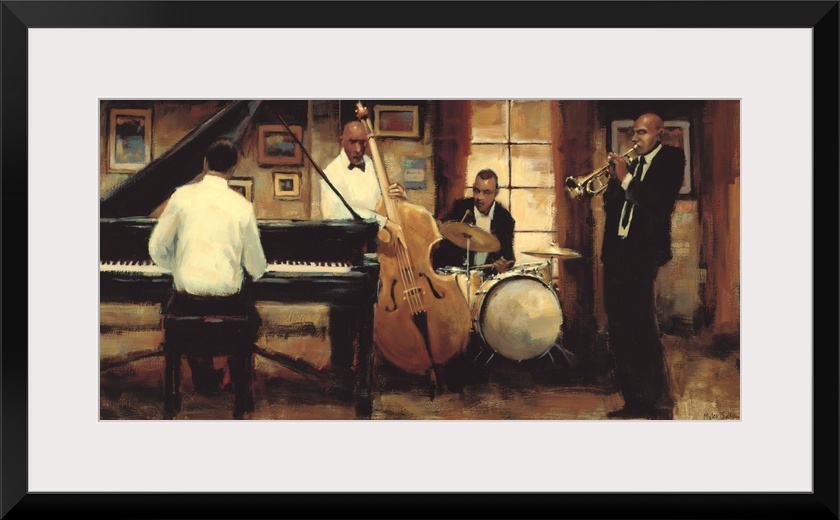 Contemporary painting of a group of jazz musicians, including a trumpet plater, a drummer, a bassist, and a pianist.