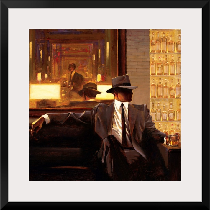 Contemporary painting of man wearing a suit and hat sitting on sofa in a lounge holding a drink in his hand.