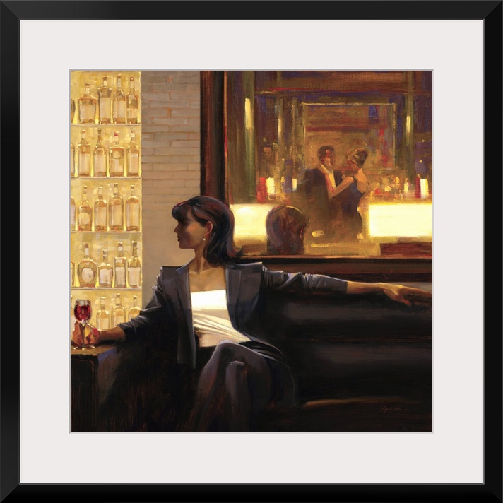 Contemporary painting of woman sitting on sofa in a lounge holding a drink in her hand.