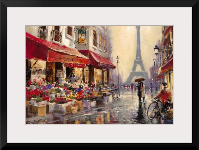 Contemporary painting of a view of the city streets of Paris, with the Eiffel Tower in the background.