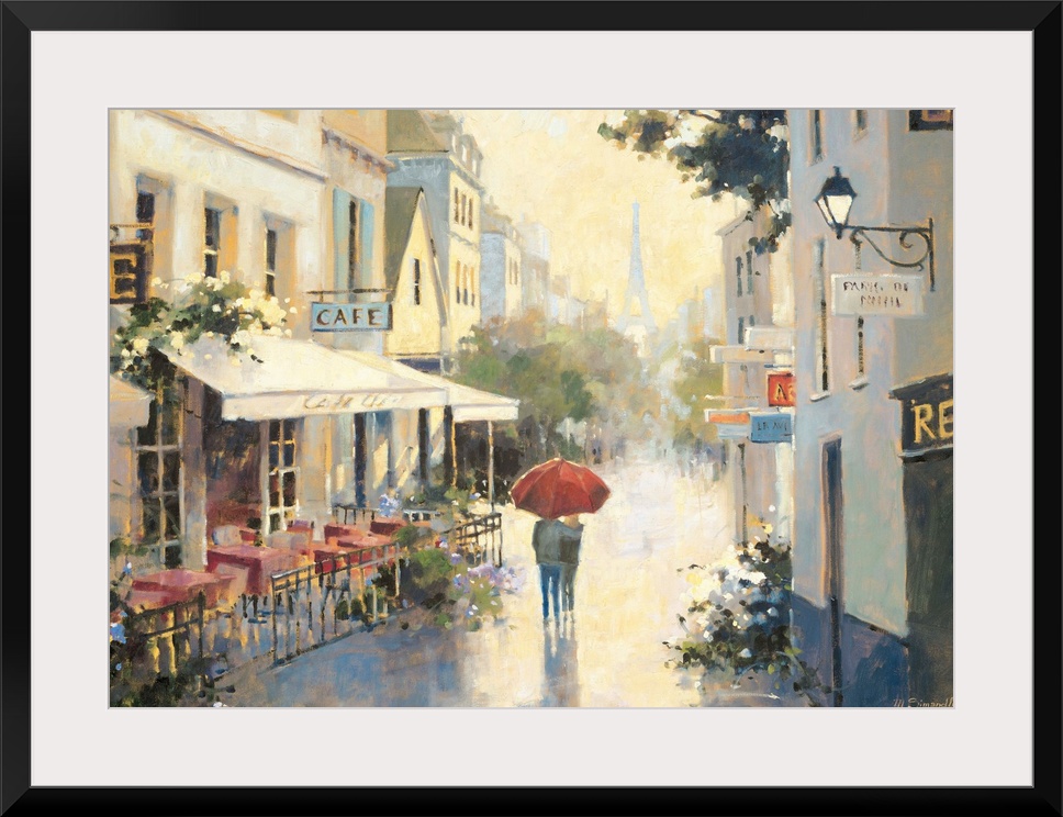 Contemporary painting of an embracing couple walking under a red umbrella through Parisian streets.