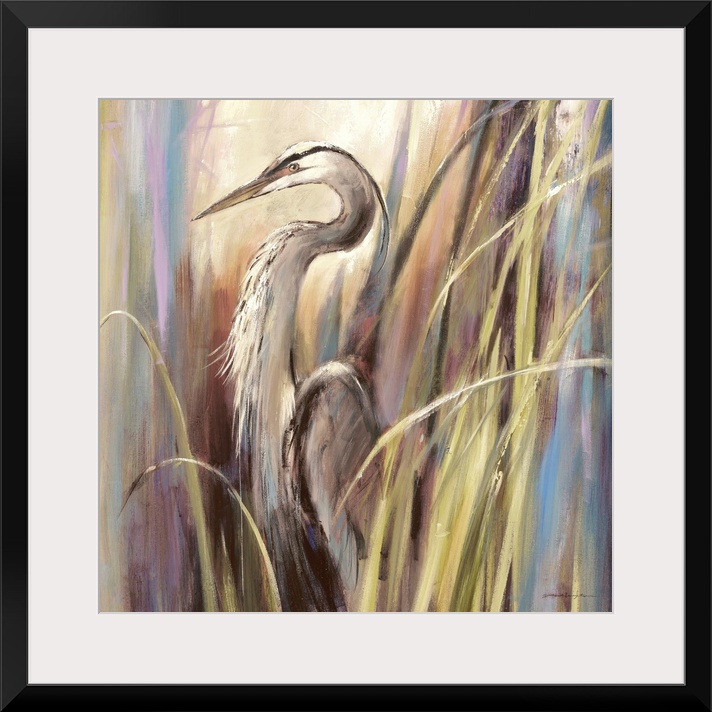 Contemporary painting of a heron standing a-midst tall grass.