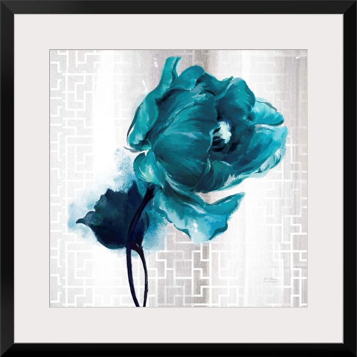 Contemporary home decor art of  turquoise flower against a silver patterned background.