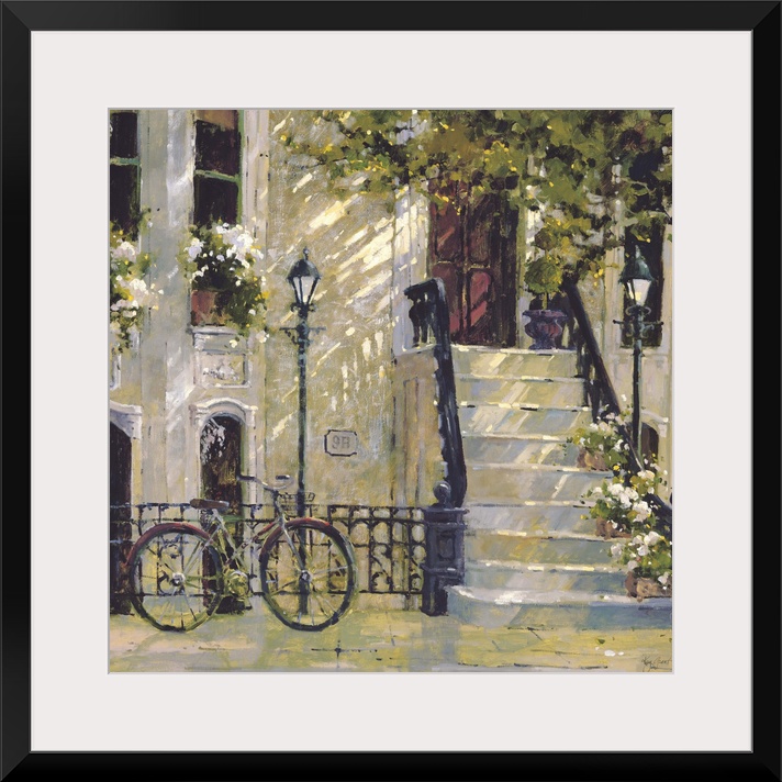 Contemporary painting of a bicycle leaning against a city street light post, outside a building.