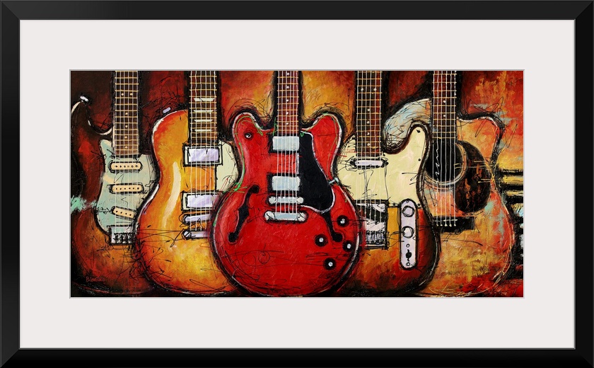 Contemporary painting of a guitar with piano keys in the background.