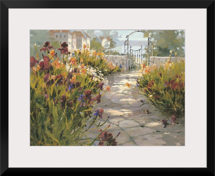 Contemporary painting of an old Italian village garden, with stone path leading to garden entrance.